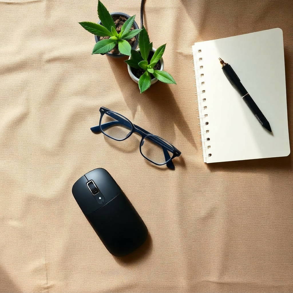 Flat lay of blue light glasses, ergonomic mouse, plant and notebook