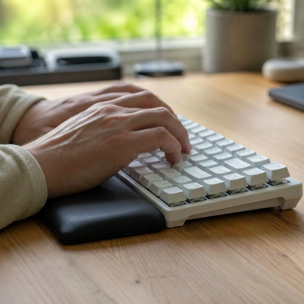 Hands resting on a memory foam wrist rest